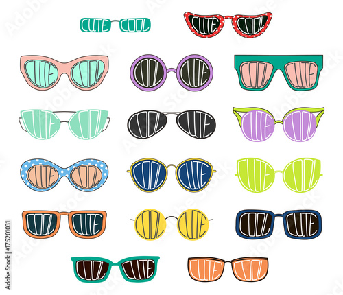 Set of hand drawn cute cartoon sunglasses of various colours and shapes, with words Cool and Cute written inside the lenses.