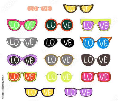Set of hand drawn cute cartoon sunglasses of various colours and shapes, with word Love written inside the lenses.