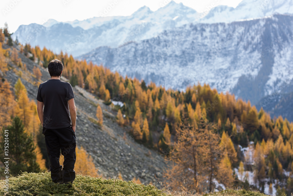 Young active man looking at colorful larches forest mountain landscape in sunny autumn winter morning outdoor.