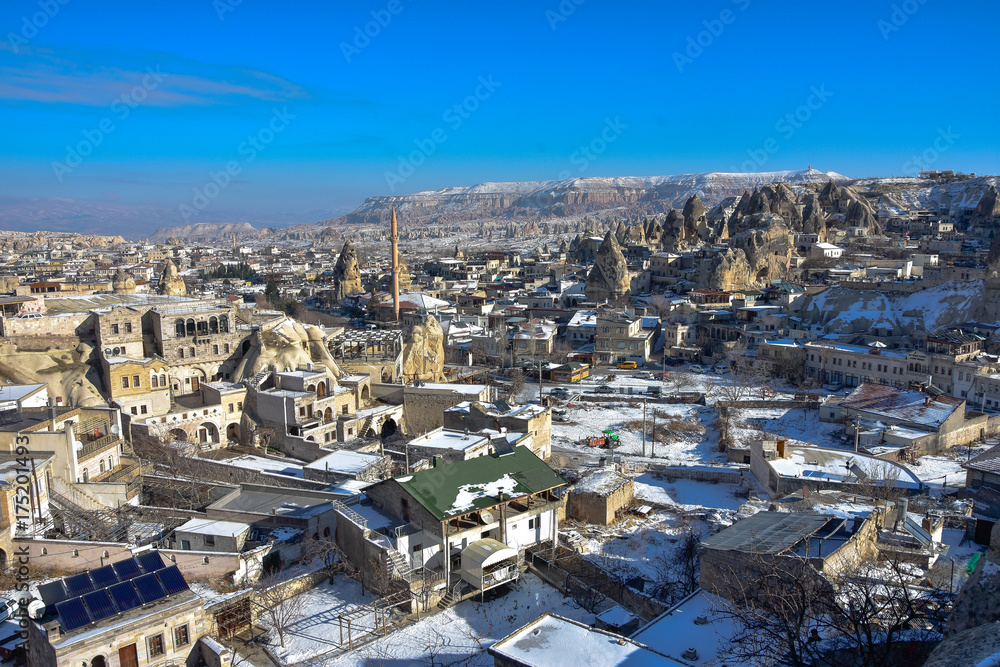 Panoramic view of Goreme in Cappadocia during winter, Turkey