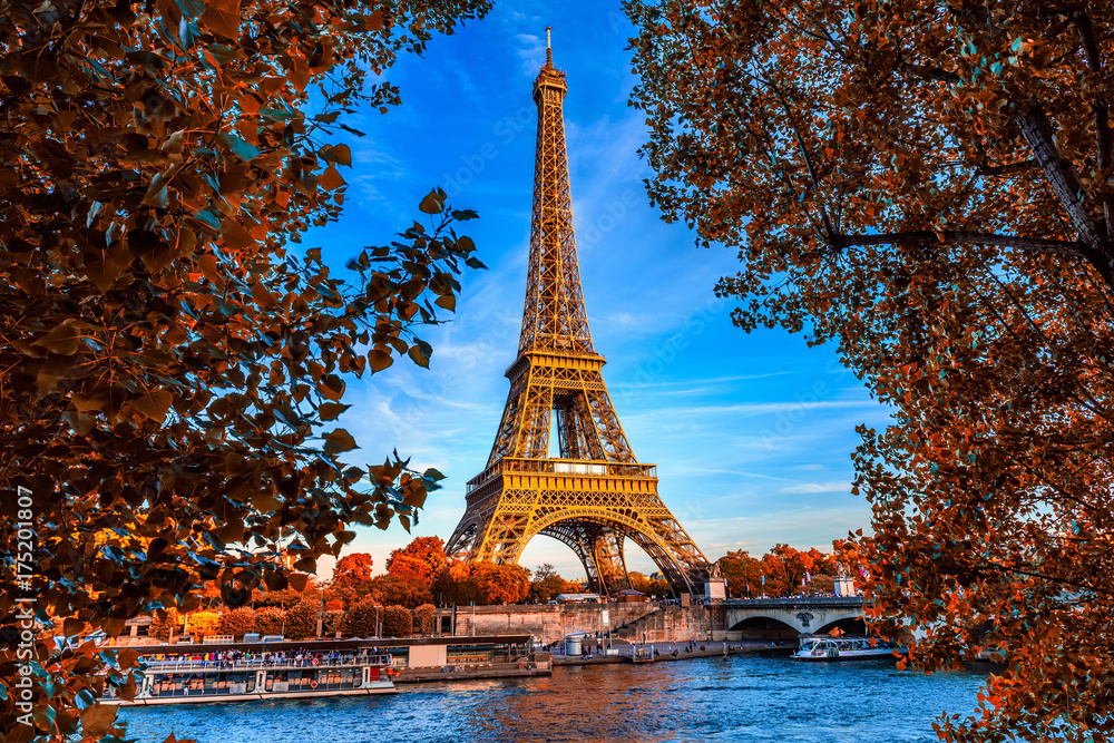 Paris Eiffel Tower And River Seine In Paris, France. Eiffel Tower Is 