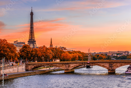Sunset view of Eiffel tower and Seine river in Paris, France. Autumn Paris