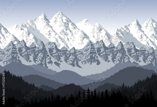 seamless vector blue beautiful mountains with forest panorama pattern
