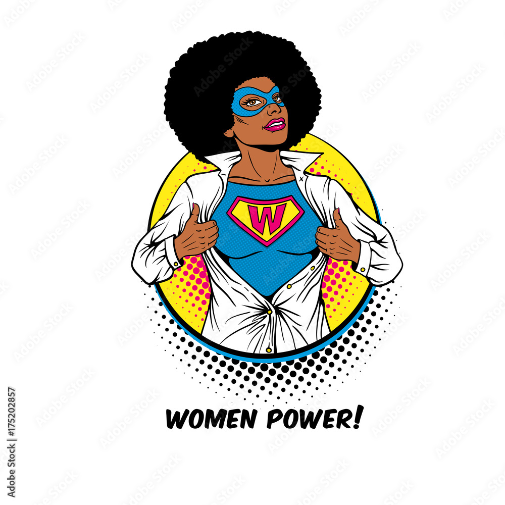 Women Power. Pop art sexy african american woman in mask shows superhero  t-shirt with W