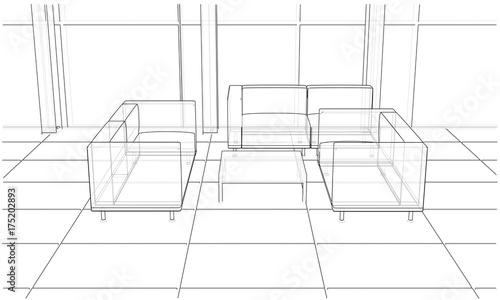 Office interior sketch. Vector