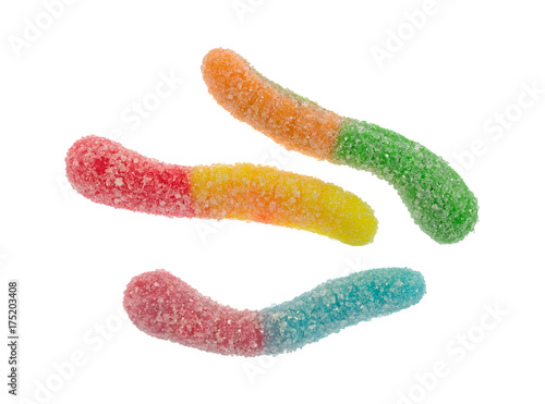 Valokuva Top view of three sugar coated sour tasting colorful gummy worms isolated on a white background