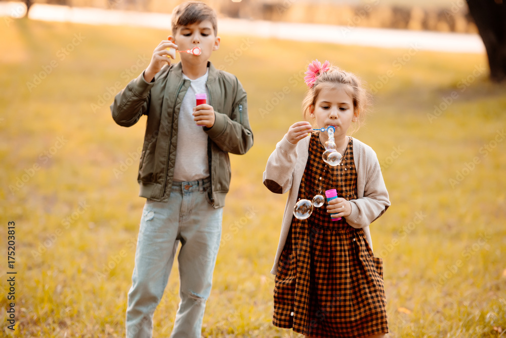 Fototapeta premium Siblings blowing soap bubbles