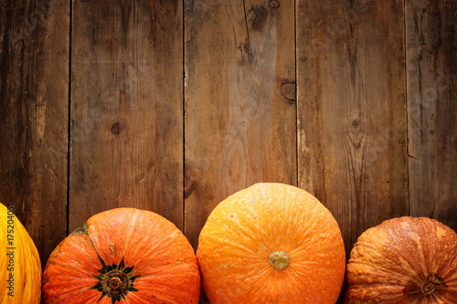 Pumpkins on wooden background. thanksgiving and halloween concept. Top view