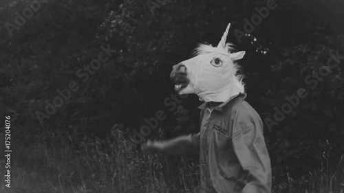 4K Halloween Man with Unicorn Horse Mask Dancing