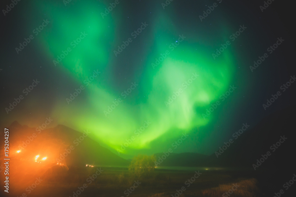 Beautiful picture of massive multicolored green vibrant Aurora Borealis, Aurora Polaris, also know as Northern Lights in the night sky over Norway, Scandinavia