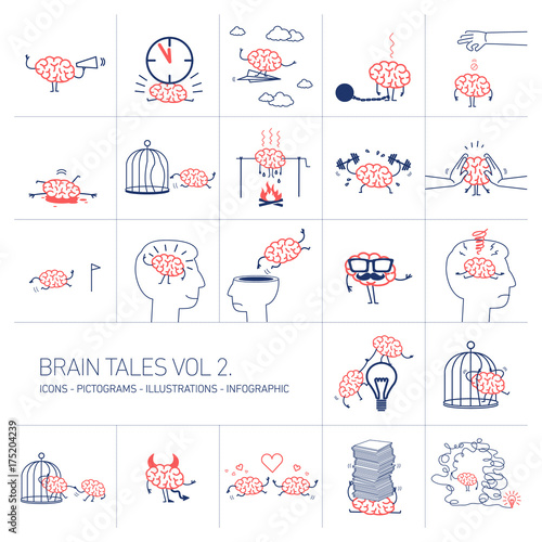 Brain tales volume 2, Vector concept illustrations set of brain in different funny situations | flat design linear icons set and infographic red and blue on white background