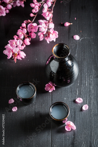 Ready to drink sake with blooming flowers