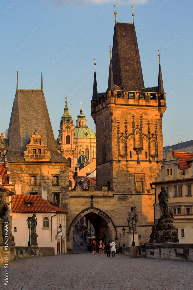 Obraz premium Scenic sunrise aerial view of Charles Bridge in Prague, Czech Republic