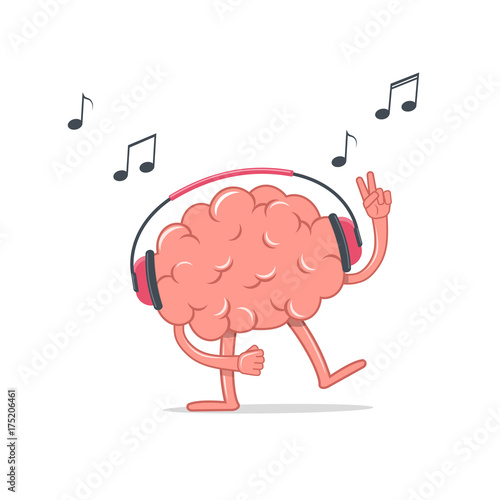 The brain in the headphones dances and sings. The concept of relax and healthy lifestyle.
