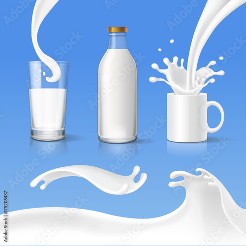 Milk splash glass, bottle and pouring set. Realistic vector