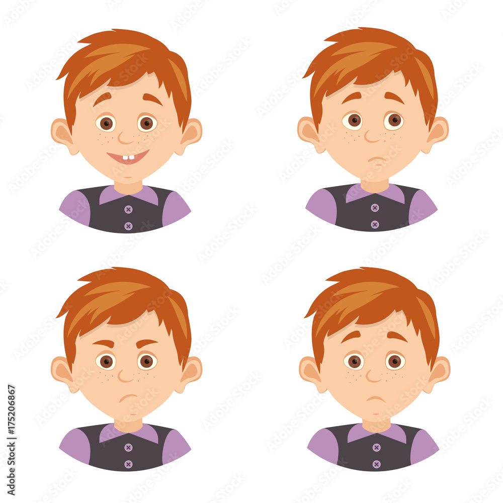 Facial avatar emotions icons set expressing smile sadness fun happiness anger, joy, pensiveness, surprise isolated vector illustration.Man avatar icons set with clothes isolated on white background Facial avatar emotions icons set expressing smile sadness fun happiness anger, joy, pensiveness, surprise isolated vector illustration.Man avatar icons set with clothes isolated on white background