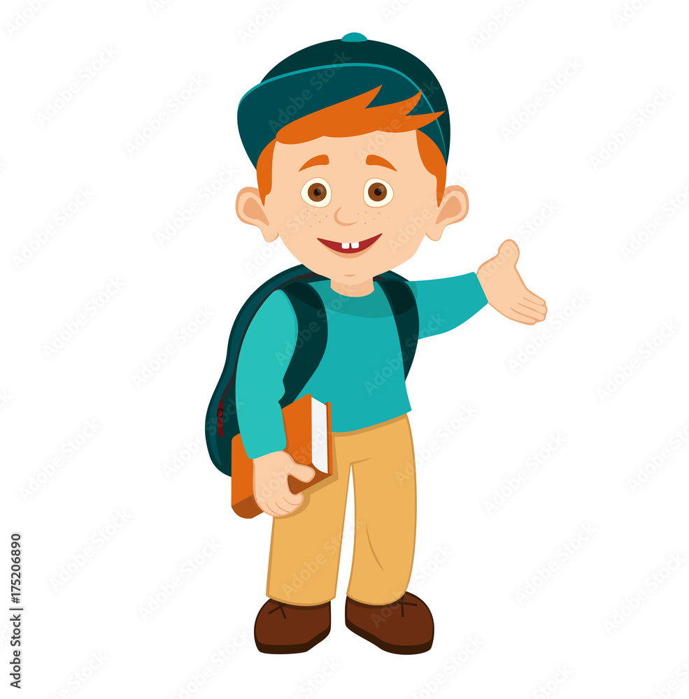 Full length portrait of a schoolboy with backpack invites to school, isolated on white background. Cartoon young student holding a book. the boy with the wide smile and friendly facial expression Full length portrait of a schoolboy with backpack invites to school, isolated on white background. Cartoon young student holding a book. the boy with the wide smile and friendly facial expression