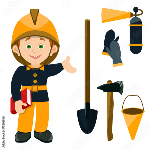 the child is dressed in the working uniform of a fireman holding a book. cartoon schoolboy pointing at the fire equipment: axe, shovel, fire extinguisher, bucket, gloves