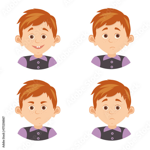 Facial avatar emotions icons set expressing smile sadness fun happiness anger, joy, pensiveness, surprise isolated vector illustration.Man avatar icons set with clothes isolated on white background