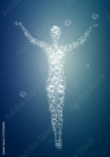 weightless feeling, human soul concept, light feeling inside, man silhouette build with bubbles