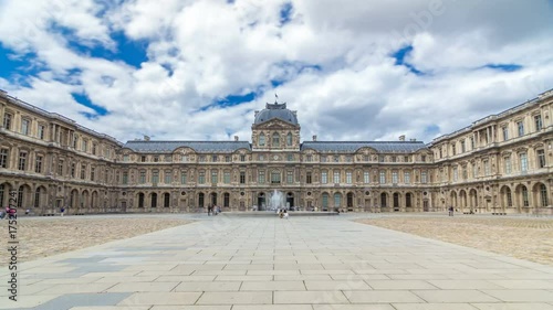 inner yard of louvre with fountain timelapse hyperlapse. Paris, France