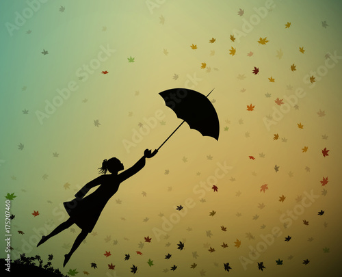 young girl flying away with an umbrella, autumn wind,