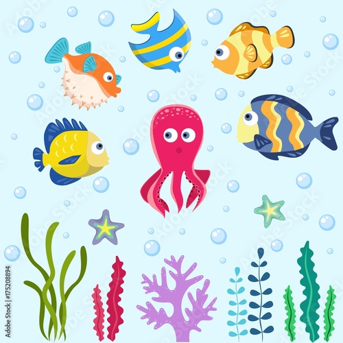 Wallpaper Mural Sea life. Set with funny sea animals.  Torontodigital.ca