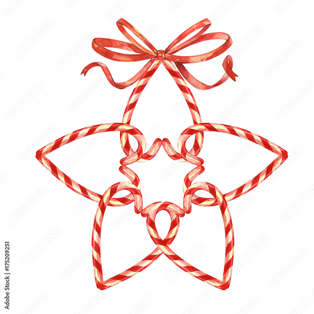 Lollipop, Star laid out with Christmas candies with a Bow. Elements for a Christmas card. Watercolor illustration isolated on white background. Lollipop, Star laid out with Christmas candies with a Bow. Elements for a Christmas card. Watercolor illustration isolated on white background.