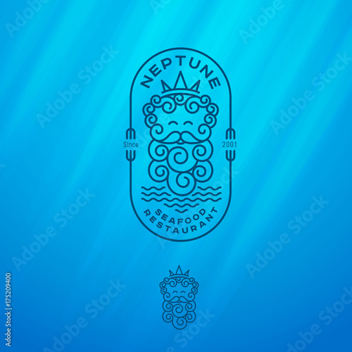 Neptune logo. Poseidon logo. Seafood restaurant emblems. Neptune in the crown and wave with letters in the oval badge. Linear logo.