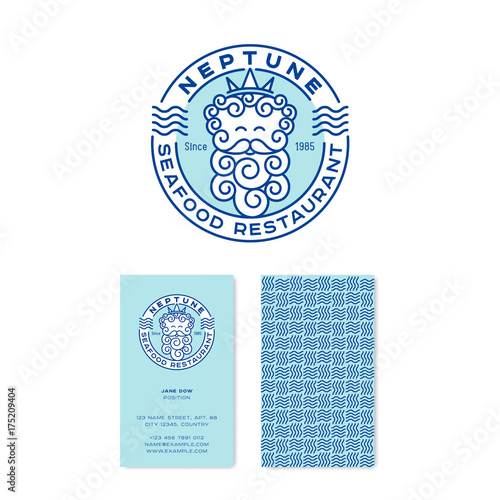 Neptune logo. Poseidon logo. Seafood restaurant emblems. Neptun in the crown with letters in the circle badge. Linear logo. identity. Business card.
