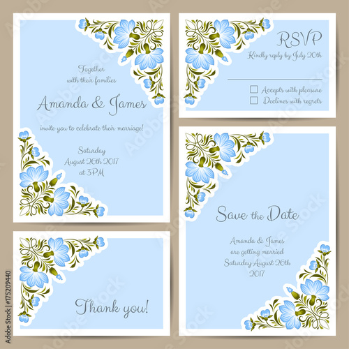Set of wedding cards with hand drawn flowers. Vector illustration