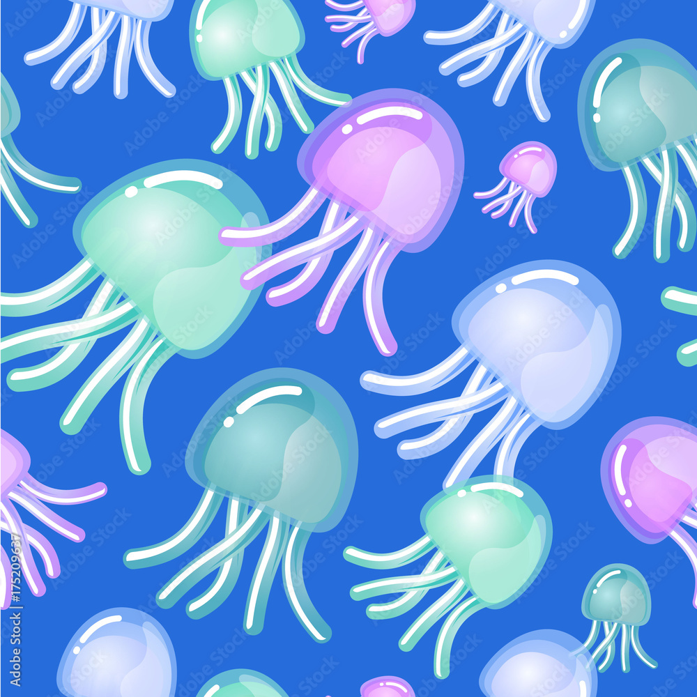 Fototapeta premium Seamless pattern. Wallpaper, textiles, wrapping paper. Multicolored jellyfish on a blue background.