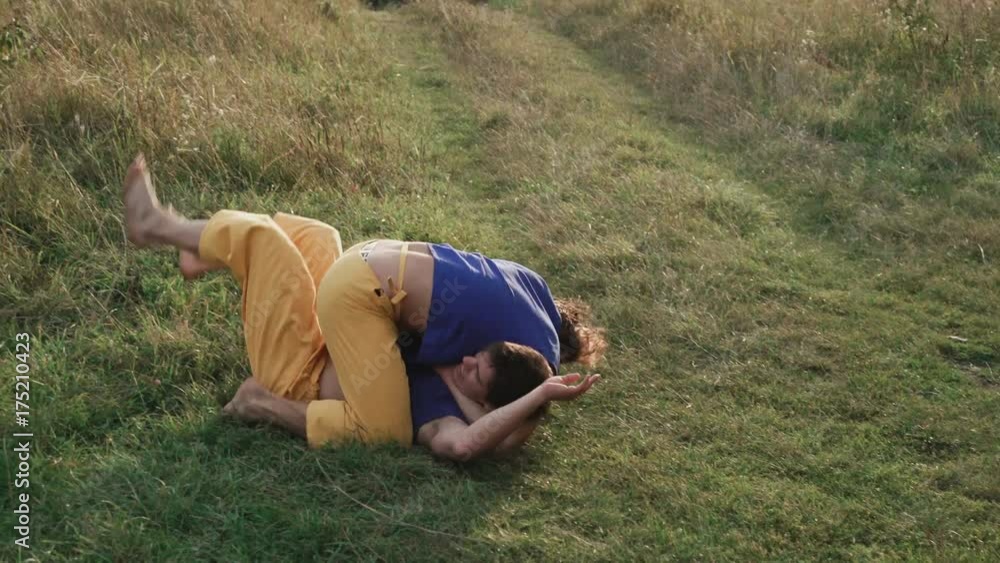 Two men practising free fight on the nature. 4K Two men practising free fight on the nature. 4K