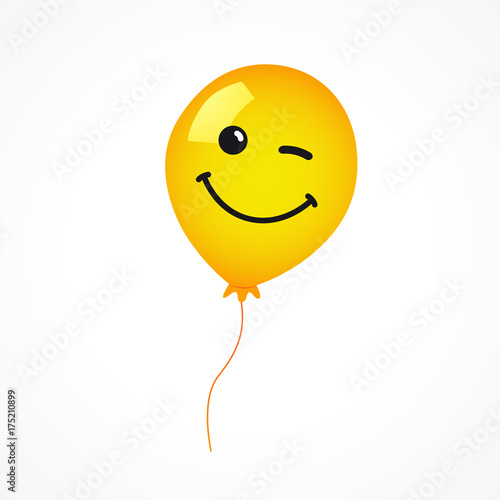 Winking smile of yellow helium balloon on white background. Yellow smile emoji balloon for happy birthday card or banner. Vector illustration