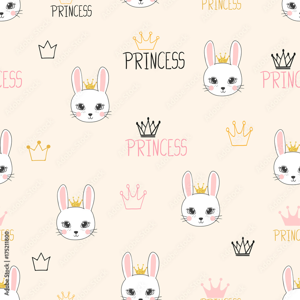 Seamless princess pattern with cute bunnies. Seamless princess pattern with cute bunnies.