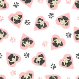 Seamless pattern with cute pugs and pink hearts. Vector background with dogs.