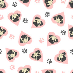 Keuken achterwand Honden patronen Mopshonden met roze hartjes patroon  © Afanasia
