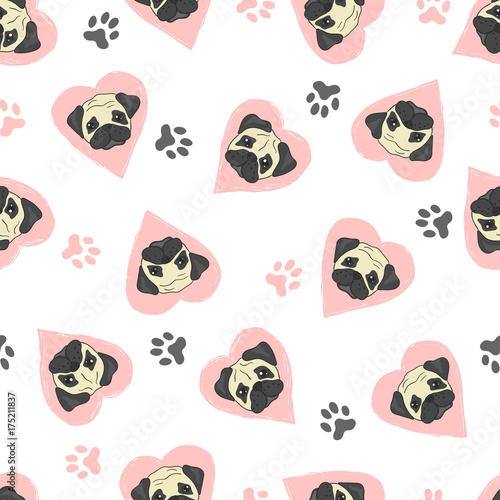Seamless pattern with cute pugs and pink hearts Fototapeta