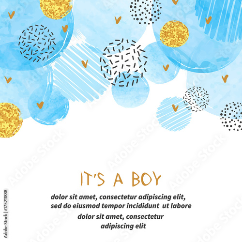 Baby Shower boy card design with abstract watercolor blue and glittering golden circles.
