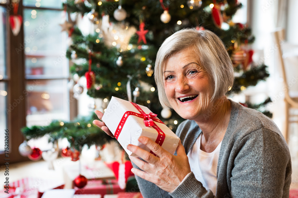 Senior woman in front of Christmas tree with present. Senior woman in front of Christmas tree with present.