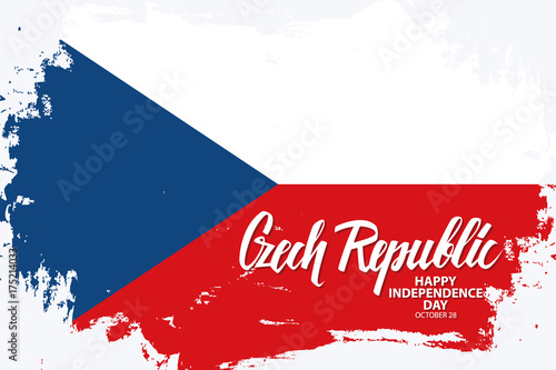Czech Republic Happy Independence Day, october 28 greeting banner with czech national flag brush stroke background and hand lettering. Vector illustration.