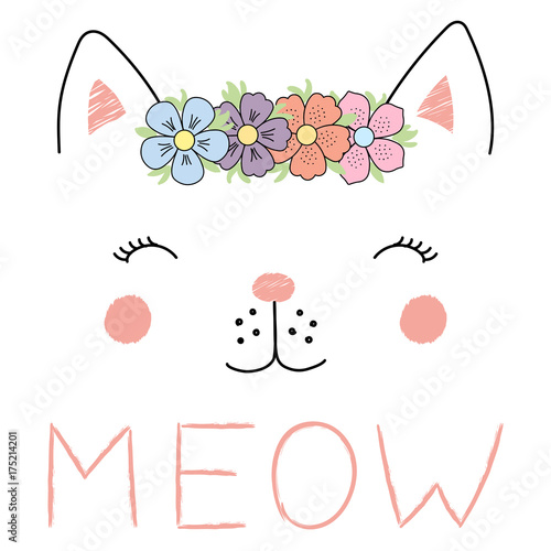Hand drawn vector illustration of a funny cat girl face in a flower chain, with text Meow.