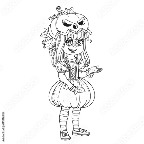 Cute girl in pumpkin costume outlined for coloring page