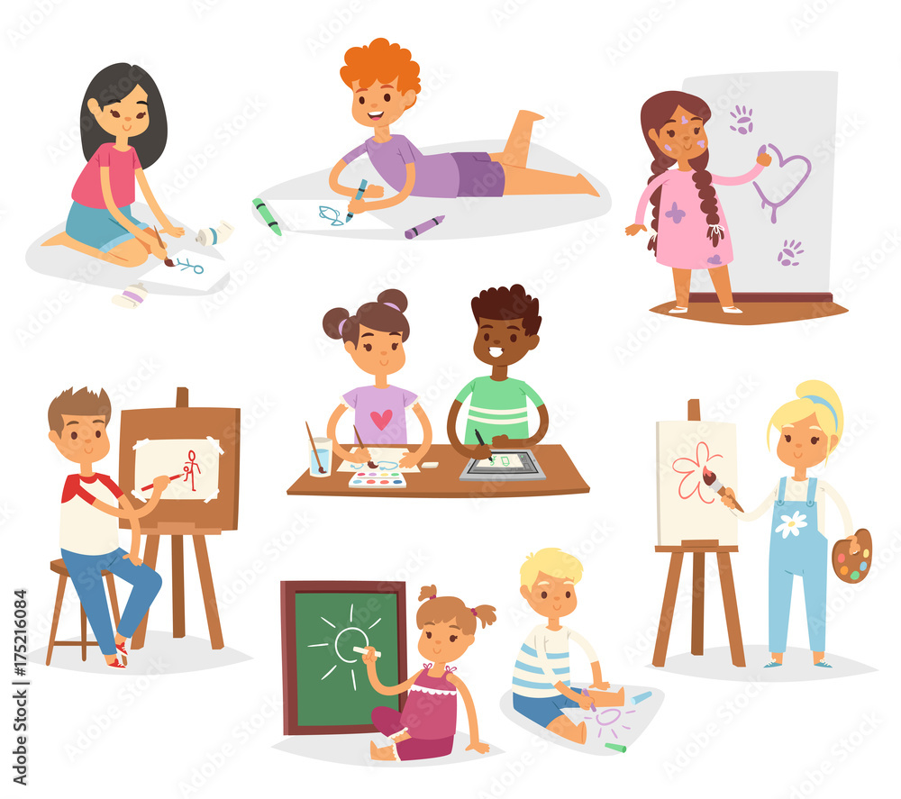 School kids children making art creative young artist with brushes and paint vector set cartoon characters collection School kids children making art creative young artist with brushes and paint vector set cartoon characters collection