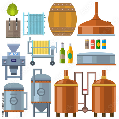 Beer brewing process alcohol factory production equipment mashing boiling cooling fermentation vector illustration.