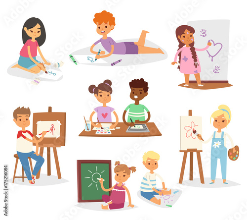 School kids children making art creative young artist with brushes and paint vector set cartoon characters collection