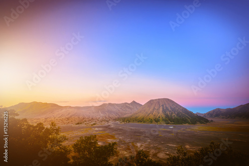 Mount Bromo volcano  Gunung Bromo  at sunrise with colorful sky background in Bromo Tengger Semeru National Park  East Java  Indonesia.