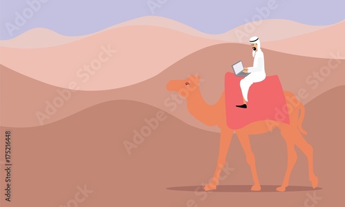 Arabian businessman working with laptop computer sitting on camel riding in the desert. Work anywhere and internet work concept illustration vector.