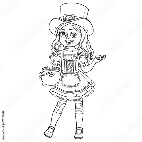 Cute girl  in leprechaun costume with a pot of gold outlined for coloring page