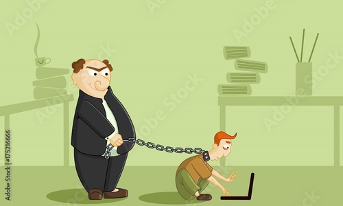 Boss has tied employee with chain. Stressed and sad businessman at work. Work under pressure, stressing situations, subordination, overwork and power abuse concept illustration vector.